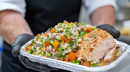 Chef holding plated meal,  Restaurant food presentation, catering