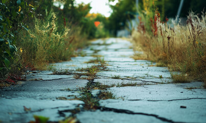 Fototapeta premium A cracked, aged asphalt road lined with tall grass and trees under a cloudy sky