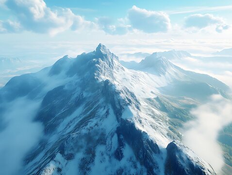 Snowy mountain peak, cloudscape, aerial view
