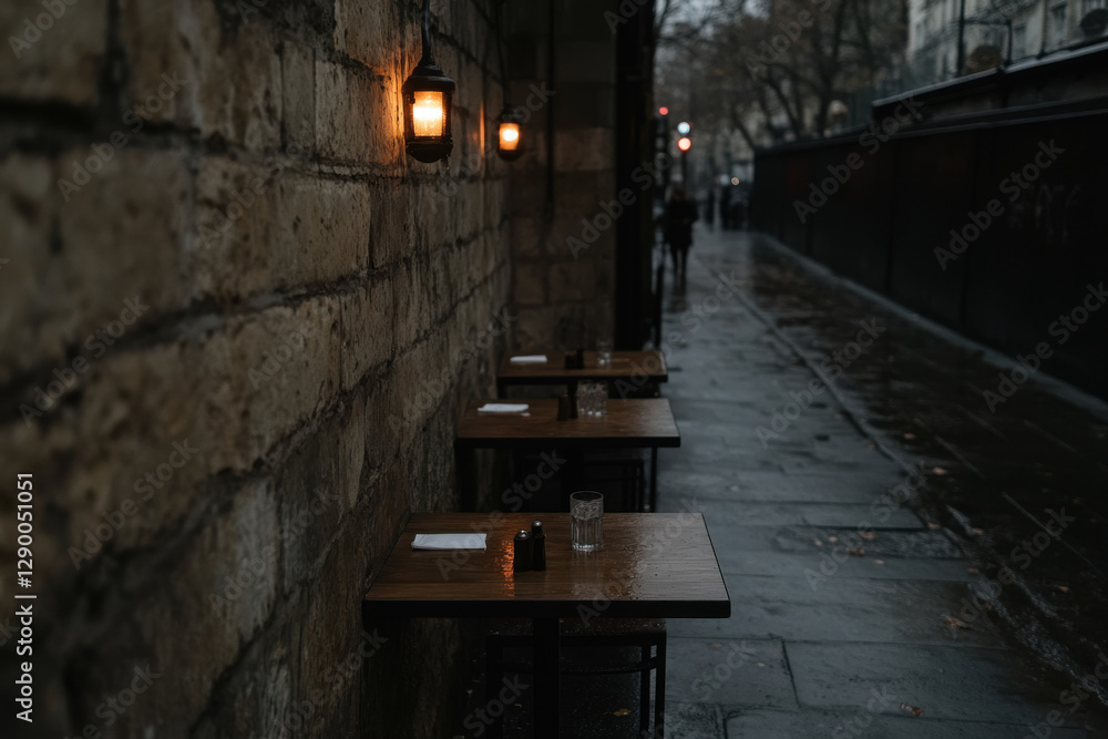 Poster a row of tables with candles on them are outside in the rain