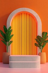 Modern Archway with Vibrant Orange Backdrop and Green Foliage