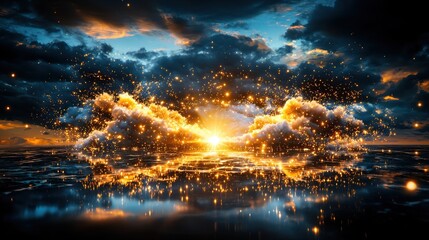 Fototapeta premium Enchanting celestial fantasy sunset over a shimmering ocean landscape with glowing clouds stars and a captivating cosmic atmosphere A breathtaking digital art visualization of a dramatic mystical