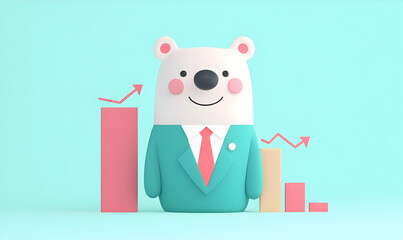 Friendly cartoon bear in suit with colorful financial graphs background