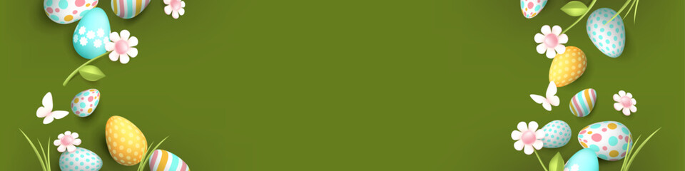 Easter banner background with easter eggs frame and spring flowers and empty space