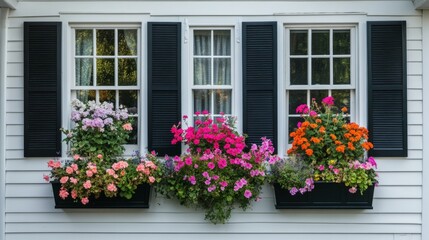 Window Boxes Bursting With Colorful Flowers Against White Siding And Black Shutters Add Charm To This House.