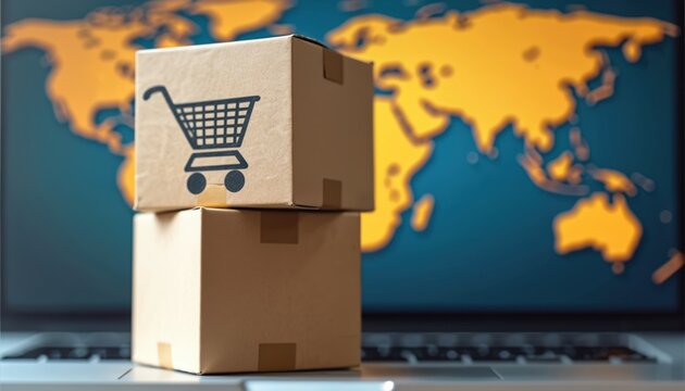 Two boxes with shopping cart icon sit atop laptop, set against world map. Global e-commerce, international trade, online shopping, worldwide delivery services. Presents cross-border transactions,
