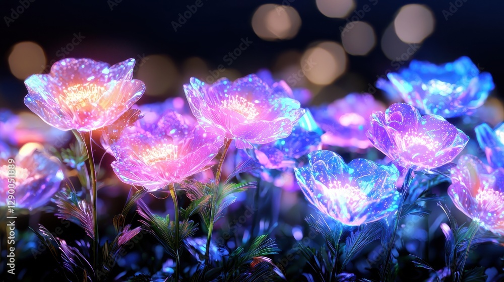 Poster mesmerizing abstract floral imagery with glowing petals and shimmering bokeh lights creating a capti
