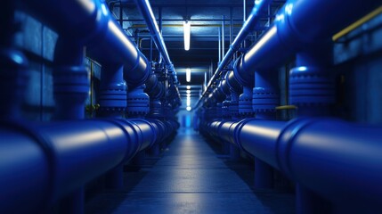 Obraz premium Blue pipes in a row. Industrial background with blue pipes and valves.