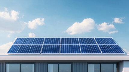 Fototapeta premium Solar panels on a roof against a blue sky with clouds. Renewable energy concept.