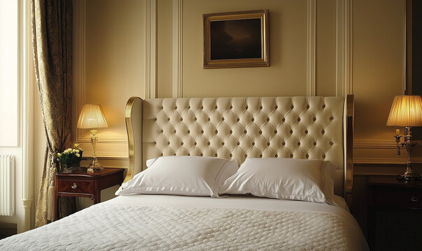 A glamorous bedroom with a tufted headboard and golden accents, creating a luxurious retreat