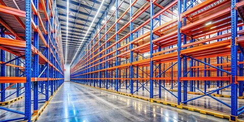Macro lens reveals stark emptiness: high-bay warehouse shelves, a new logistics center's silent interior.
