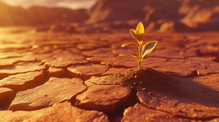 Resilient Green Plant Defying Harsh Dry Landscape in Sunset Glow