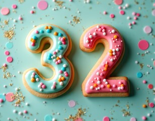 Decorated number 32 cookie for birthday or anniversary. Festive design with colorful sprinkles and sugar icing on table. Sweet treat for party celebration invites, fun card design.