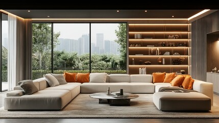 Fototapeta premium Modern Living Room with City View