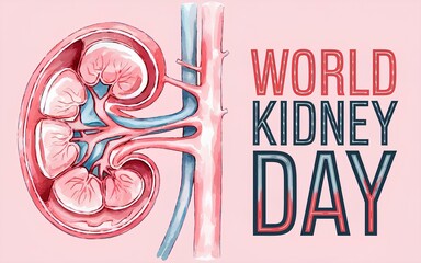 World Kidney Day Text in Stylish Medical Font with Red and Blue Highlights on Watercolor Kidney Anatomy Background