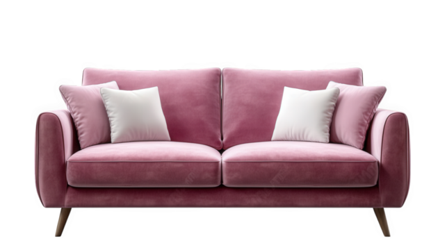 stylish pink sofa with a modern design. complemented by two white throw pillows the sofa's sleek lines and plush fabric create a cozy yet elegant atmosphere. making it a perfect addition to contempora
