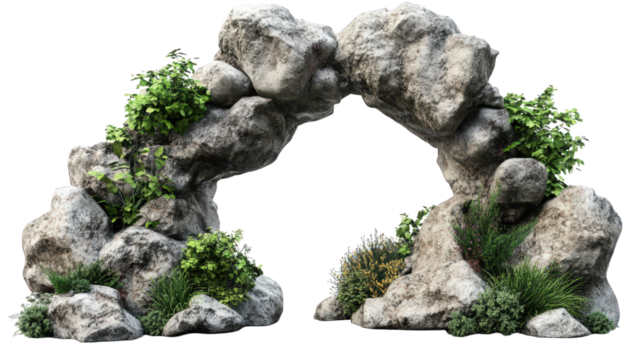natural stone archway made of rugged rocks. adorned with various green plants and foliage. creating a serene and organic aesthetic this structure can symbolize a passage or gateway in a landscape desi