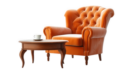 stylish orange tufted armchair paired with a wooden coffee table. adorned with a cup. creating a cozy and inviting atmosphere suitable for relaxation or social gatherings