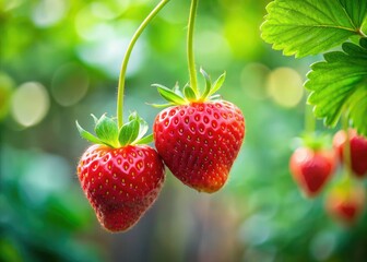 Macro photography reveals juicy red strawberries, hanging ripe on a green plant, in a miniature tilt-shift effect.