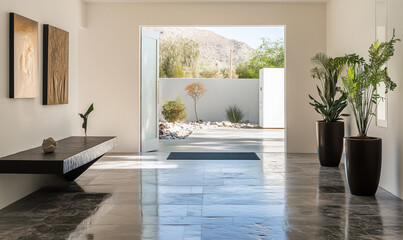 Modern entryway featuring polished stone floors and sleek accents that welcome guests with refined style.