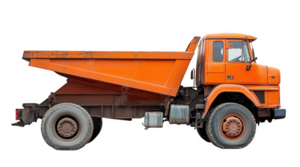 n orange dump truck. showcasing its side profile with a raised dump bed. designed for transporting and unloading materials like soil. gravel. or construction debris its robust construction and large w