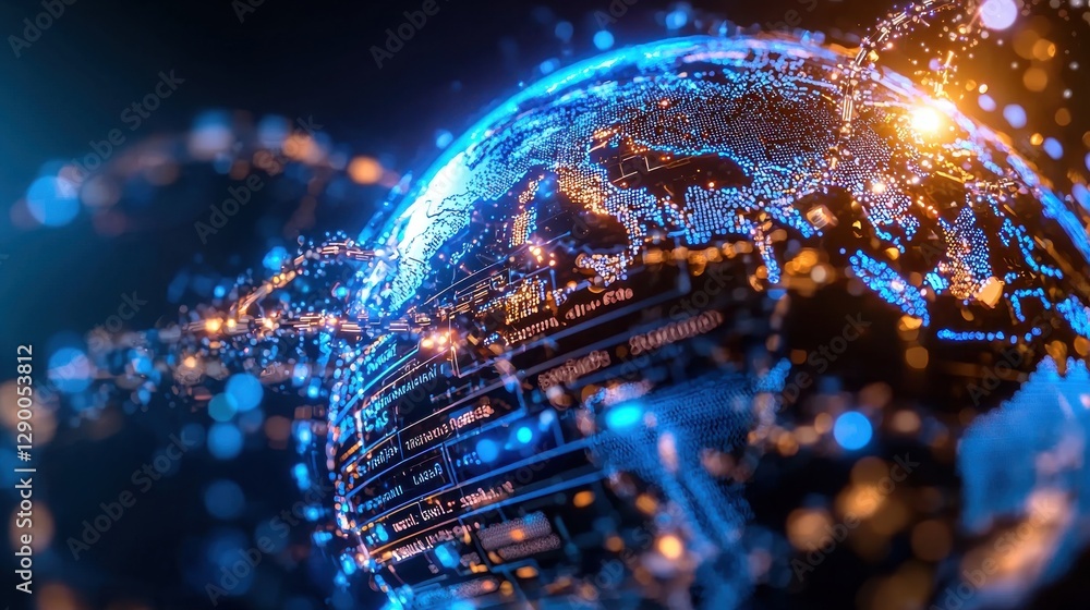 Poster vibrant and dynamic digital 3d render of a glowing earth like sphere symbolizing global interconnect