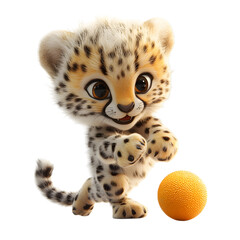 Fluffy 3D Cartoon Cheetah Cub Chasing an Orange Isolated on Transparent Background