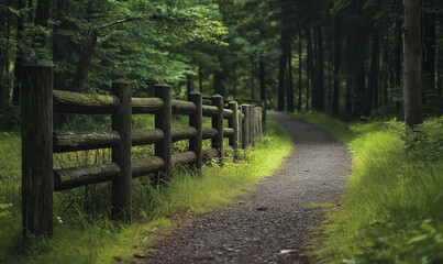 Charming Wooden Fence Guides Wanderers Along a Mystical Path to an Enchanting Destination at Dusk
