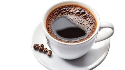 Fototapeta premium a steaming cup of black coffee on a white background. accompanied by a few coffee beans beside the cup the rich. dark liquid reflects light. creating a glossy surface. emphasizing its freshness and ar
