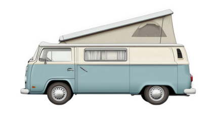 vintage camper van with a pop-up roof. designed for leisure travel and camping the vehicle is depicted in a side view. showcasing its classic design and functional features for outdoor adventures
