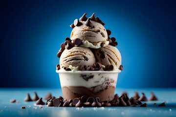 a delicious double layer chocolate and milk  icecream with chocolate chips toppings ,isolated on the bright navy blue background