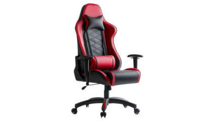 a sleek. modern gaming chair designed for comfort and style. featuring a high backrest. padded armrests. and a combination of black and red upholstery its ergonomic design caters to gamers and office