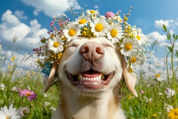 Sunny days happiness. Cute baby dog labrador retriever wearing free flower circlet on its head. Sunny daylight. Little adventurer in a floral wonderland. Cute pet in a dreamy floral scene.