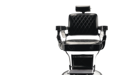sleek black barber chair with a quilted pattern. positioned against a stark white background the chair is designed for grooming services. emphasizing comfort and style in a barbershop setting its mode