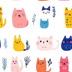 Colorful Kawaii Cats Vector Pattern with Cute Illustrations and Whimsical Designs