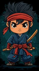 Obraz premium Cute Samurai Kid Cartoon Illustration Design