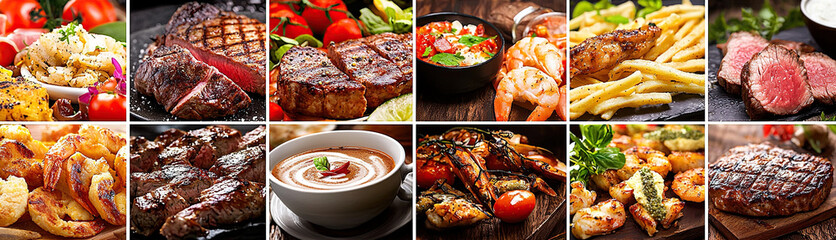 Collage of mouthwatering dishes including fish, pasta, chicken, fries, coffee, and more. Vibrant food images with steaks, vegetables, shrimp, and fritters on white plates, perfect for American restaur