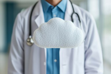 Patient health info sharing. Medical professional with a cloud representing healthcare concepts.