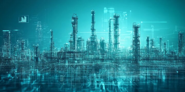 Digital rendering of an oil refinery depicted with wireframes