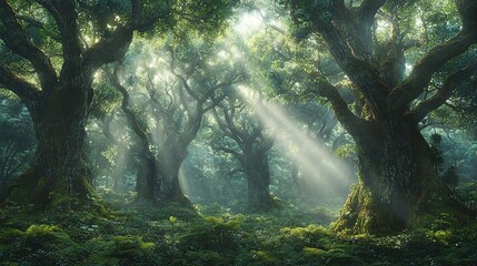 Sunlit Forest: Ancient Trees, Lush Greenery