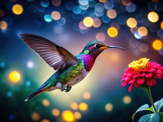 Obraz premium Macro shot of a vibrant hummingbird feeding at a colorful flower in a dark, natural low-light setting.