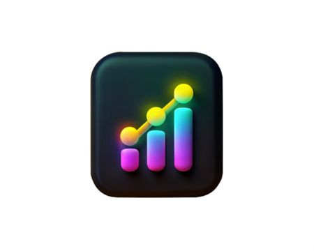 A colorful big data analytics icon with growing bars and a line graph, isolated on a white background, representing business growth and data analysis.