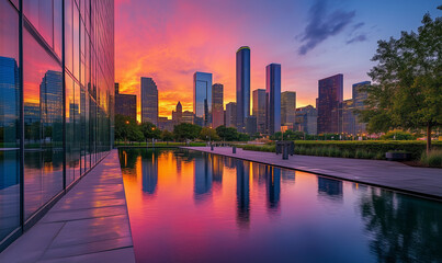 Dynamic urban skyline captured from ground level, highlighting modern architectural marvels and vibrant city energy.