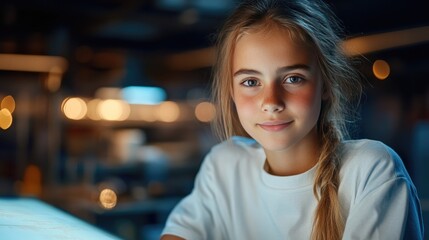 Obraz premium Young Girl Smiling Indoors with Warm Lighting in a Cozy Environment