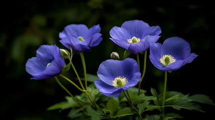 Fototapeta premium Closeup of Blue Poppies Against Dark Background
