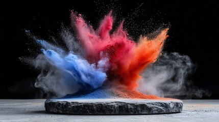 Vibrant Red Orange Blue Powder Explosion on Dark Stone