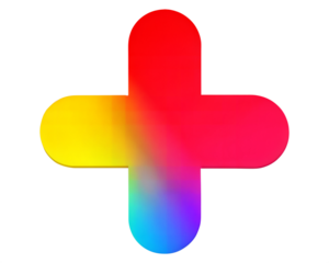 Vibrant plus sign with a gradient of red, yellow, and blue hues, isolated on a clean white background. Represents positive addition, growth, or increase in digital design.