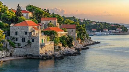 Sunlit Coastline with Traditional Stone Houses
