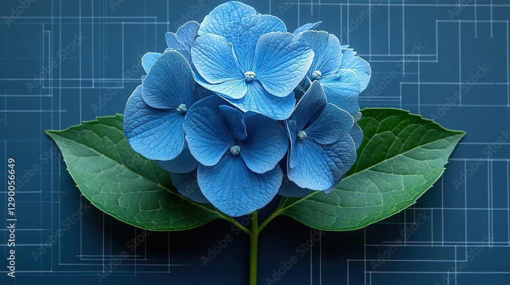Poster hydrangea flower design on a bluebackground with architectural blueprint elements symbolizing growth and innovation in technology engineering or architecture