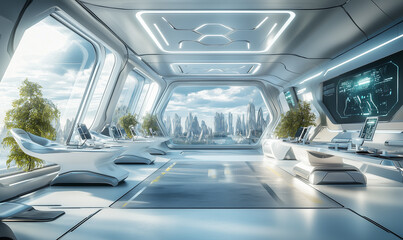 Fototapeta premium Futuristic office space with wide windows, open design, and cutting-edge technology for enhanced modern productivity.